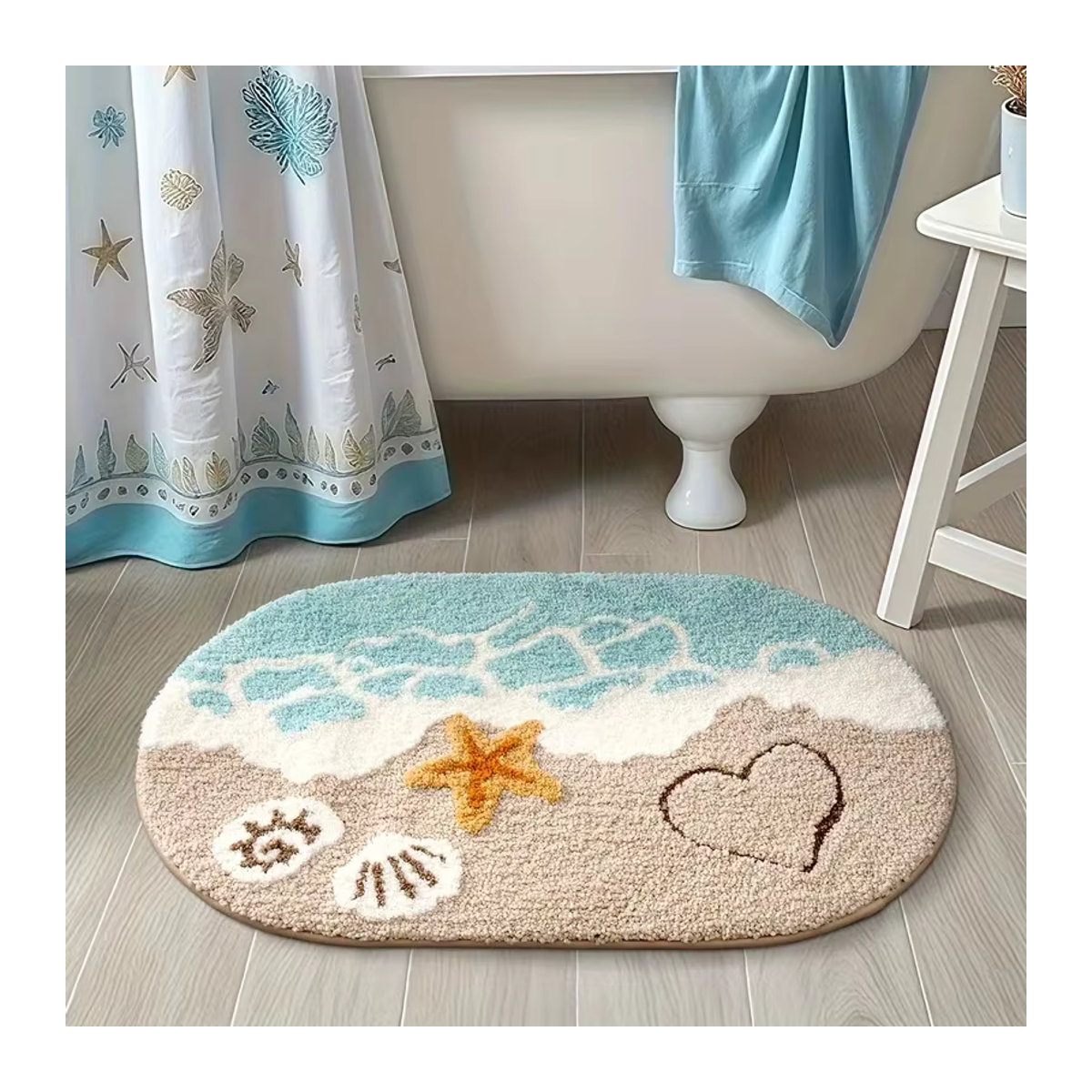 VIKAMA Bodenmatte oval in mehrfarbigem Beach Style, rutschfeste und saugfähige Duschmatte für Badezimmer, Küche oder Eingangsbereich - Bild 2