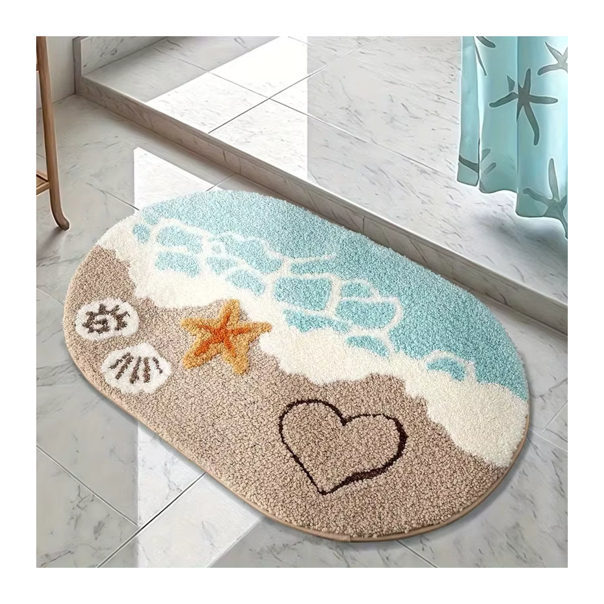 VIKAMA Bodenmatte oval in mehrfarbigem Beach Style, rutschfeste und saugfähige Duschmatte für Badezimmer, Küche oder Eingangsbereich - Bild 3