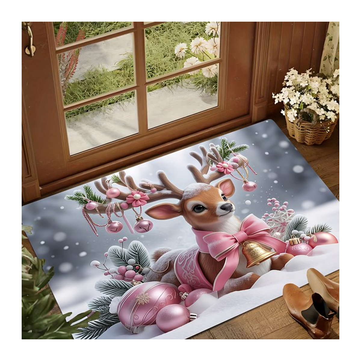 VIKAMA Bodenmatte Weihnachten mit rosa Elch Cartoon Design als dekorativer Teppich für den Eingangsbereich - Bild 1