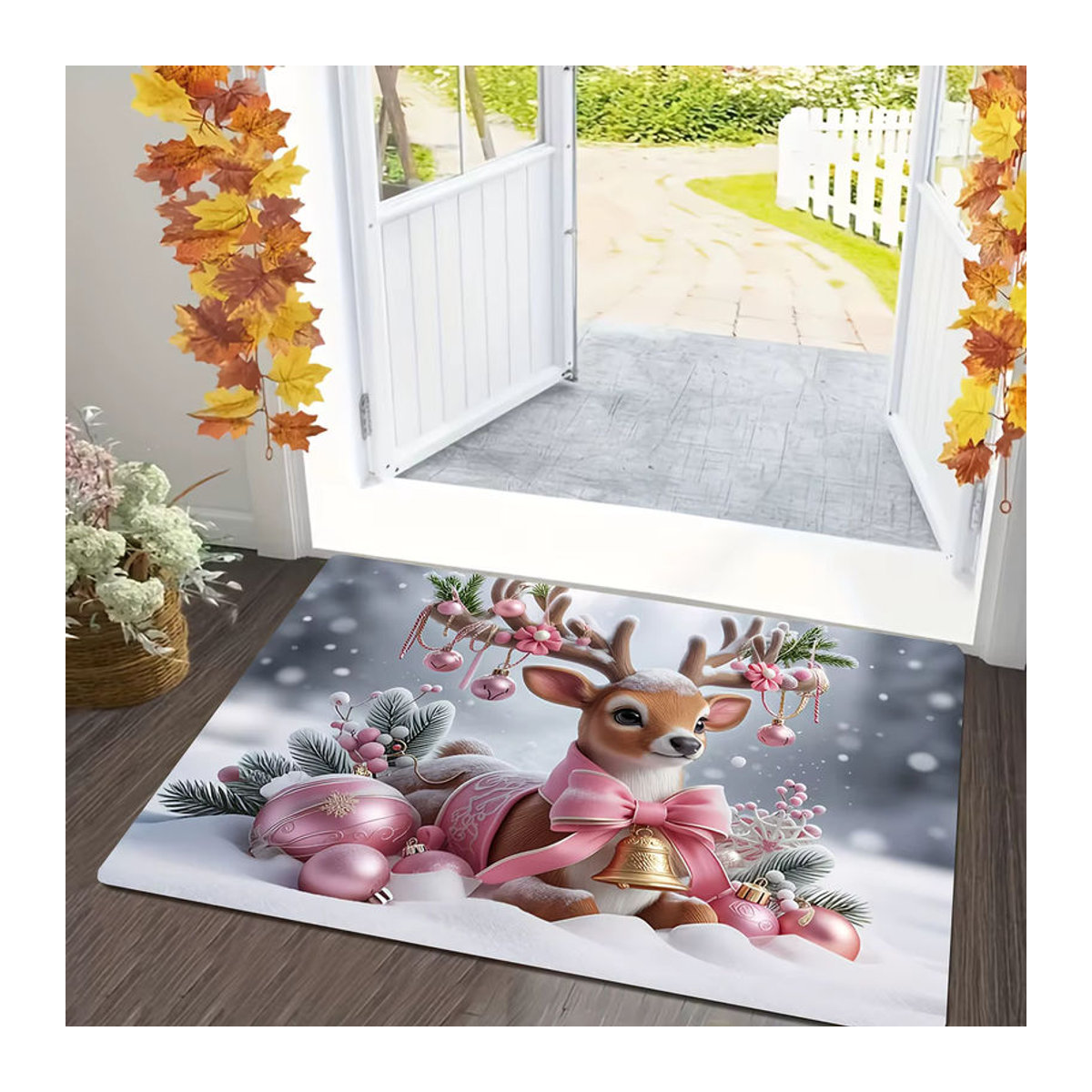 VIKAMA Bodenmatte Weihnachten mit rosa Elch Cartoon Design als dekorativer Teppich für den Eingangsbereich - Bild 2