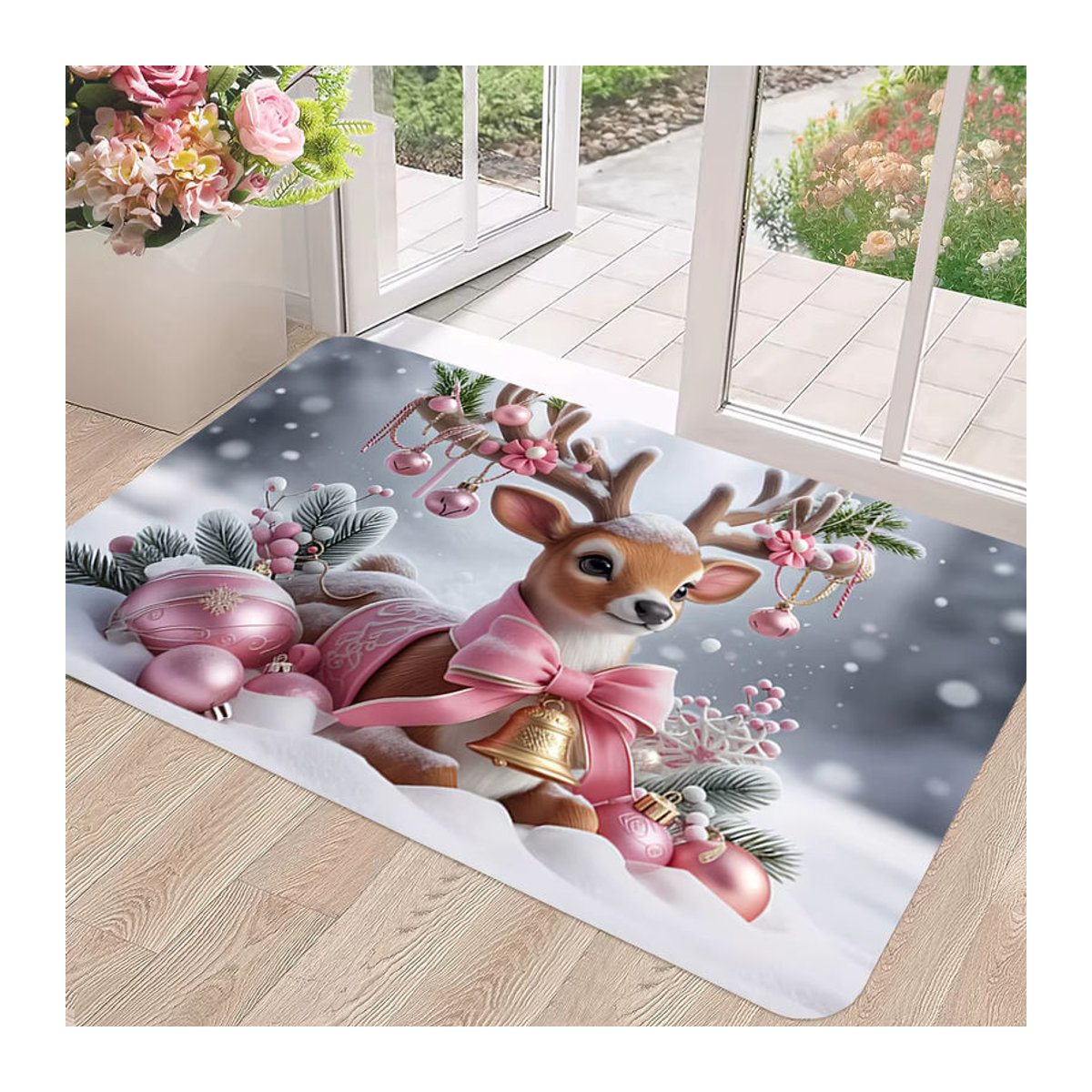 VIKAMA Bodenmatte Weihnachten mit rosa Elch Cartoon Design als dekorativer Teppich für den Eingangsbereich - Bild 3