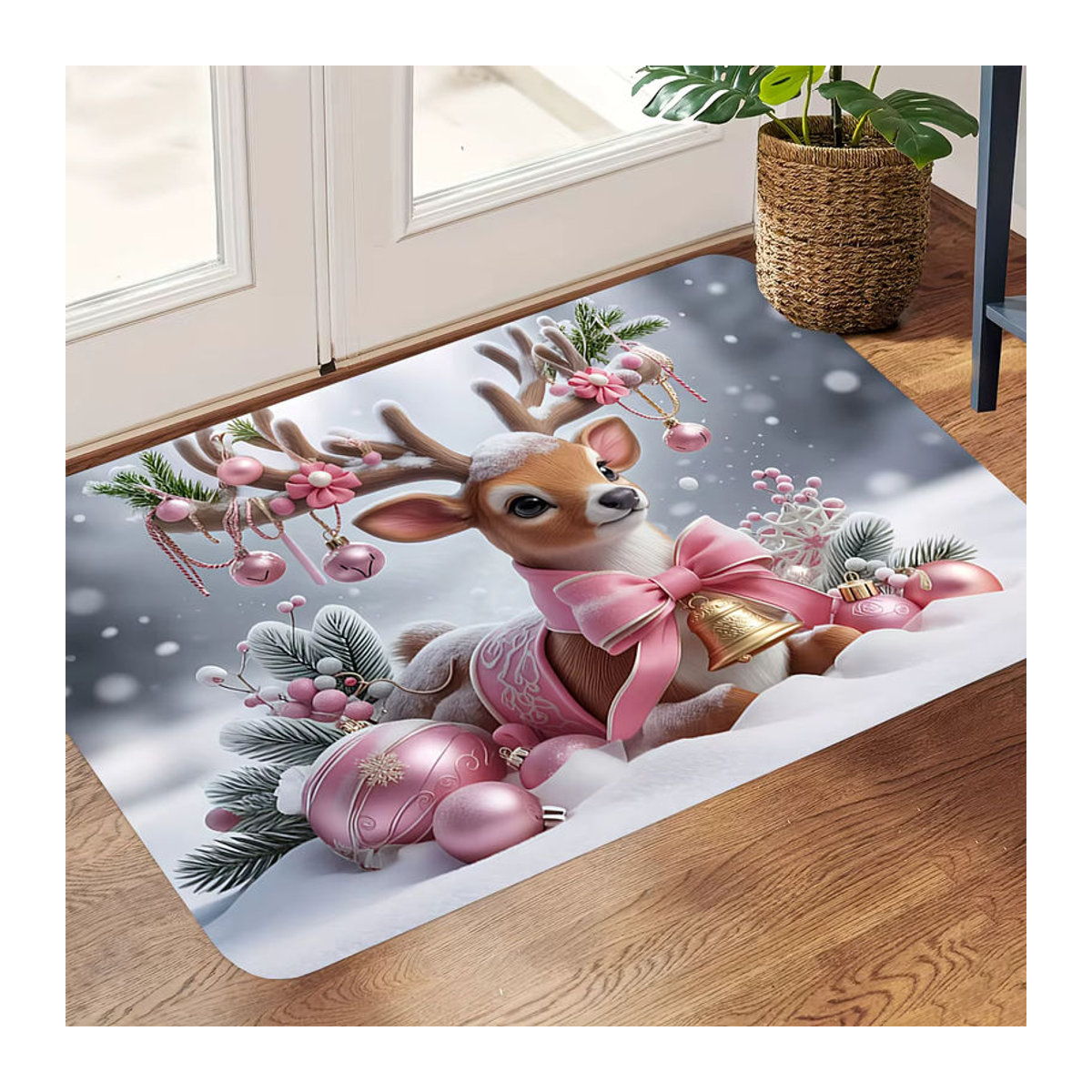 VIKAMA Bodenmatte Weihnachten mit rosa Elch Cartoon Design als dekorativer Teppich für den Eingangsbereich - Bild 4