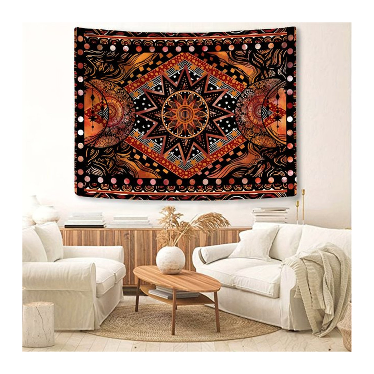 VIKAMA Bohemian Sun Moon Mandala Wandteppich in Mehrfarbig mit geometrischem Retro-Ethno-Design, B/H: 60 x 40 cm - Bild 1