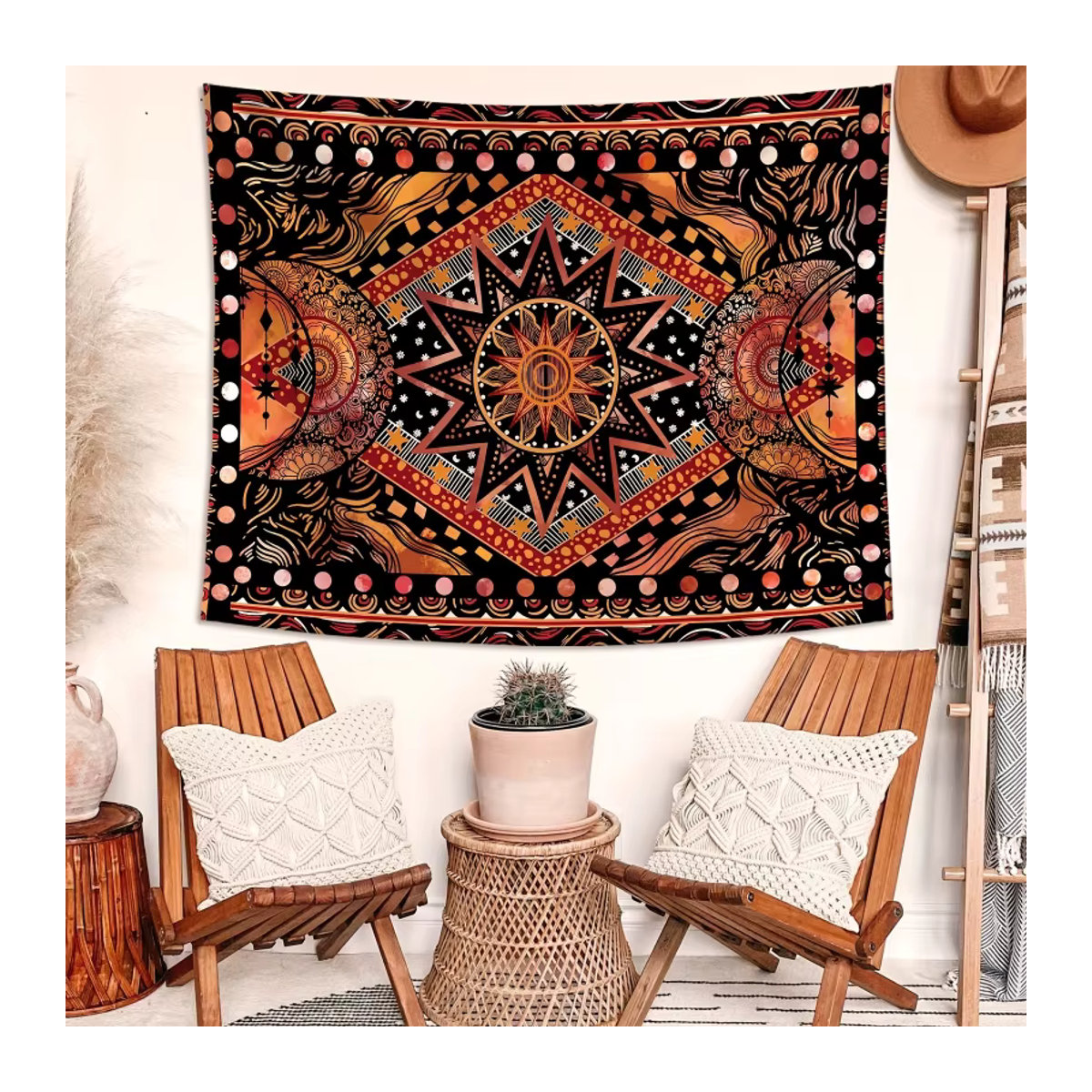 VIKAMA Bohemian Sun Moon Mandala Wandteppich in Mehrfarbig mit geometrischem Retro-Ethno-Design, B/H: 60 x 40 cm - Bild 2