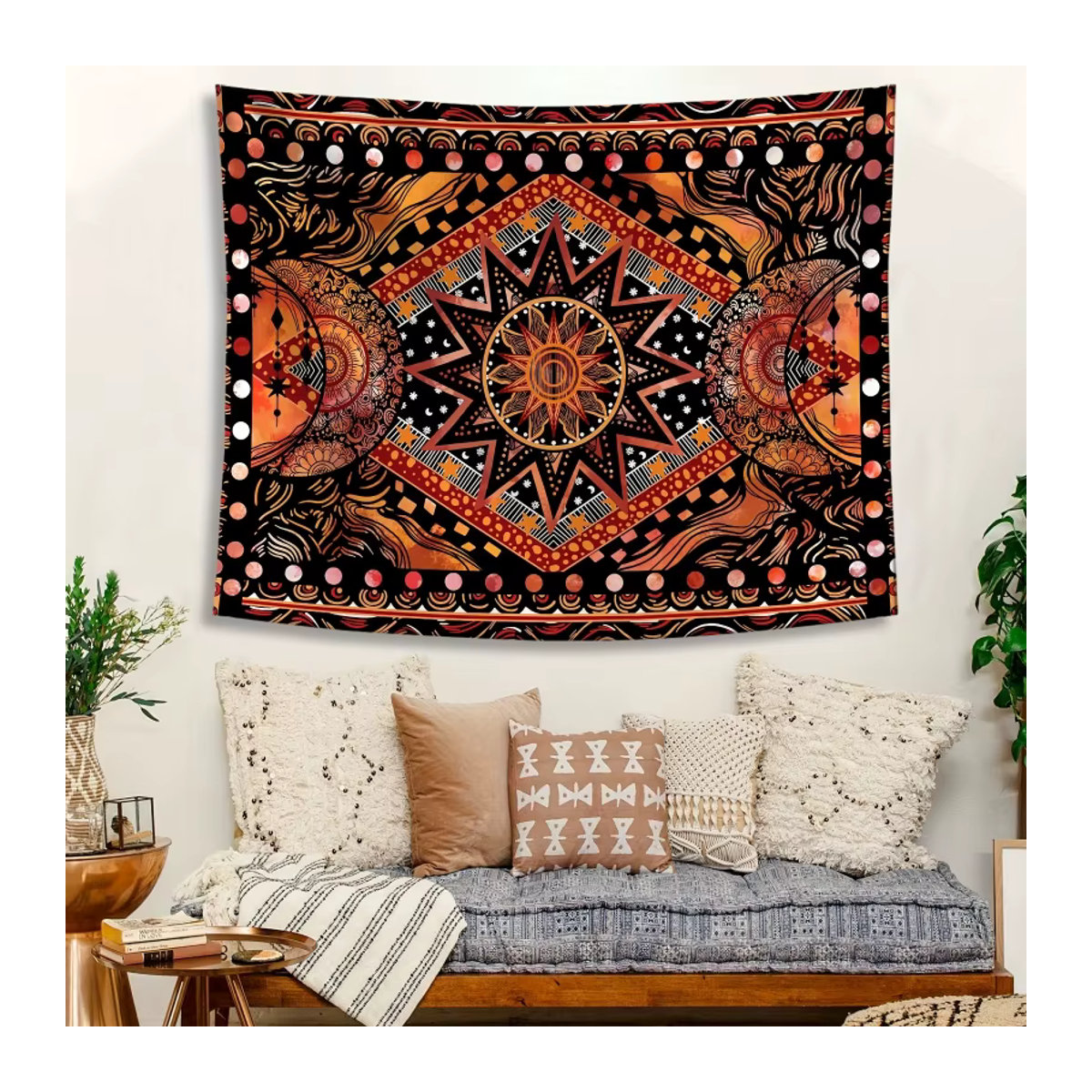 VIKAMA Bohemian Sun Moon Mandala Wandteppich in Mehrfarbig mit geometrischem Retro-Ethno-Design, B/H: 60 x 40 cm - Bild 3