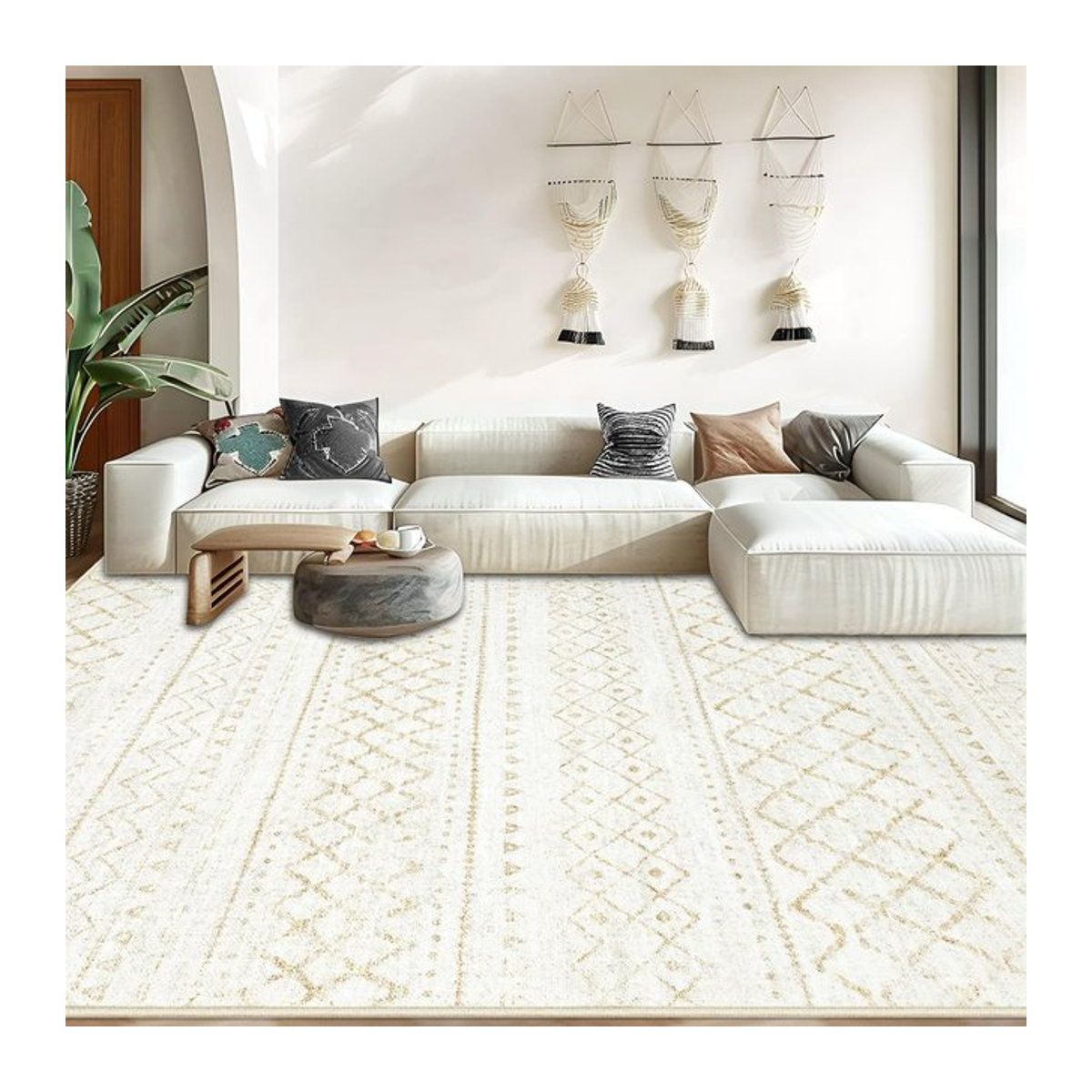 VIKAMA Böhmischer geometrischer Teppich in Weiß, schmutzabweisend und langlebig für Wohnzimmer, Schlafzimmer oder Flur - Bild 1