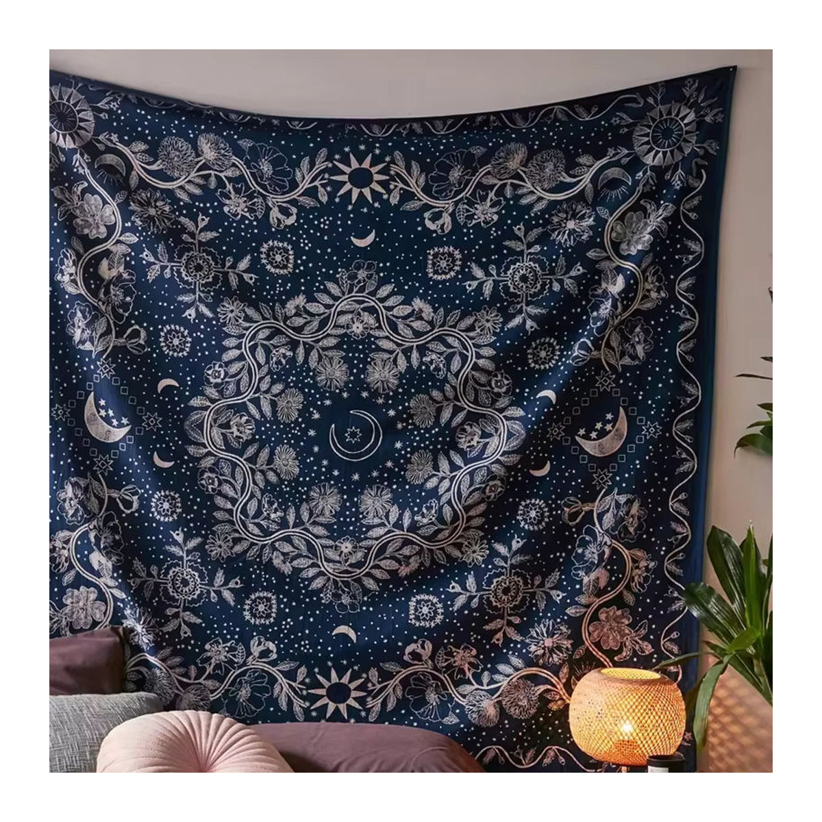VIKAMA Böhmischer Wandteppich in Blau mit Mandala- und Sternen-Print, rechteckige Textil-Wanddekoration, B/H: 60 x 40 cm - Bild 2