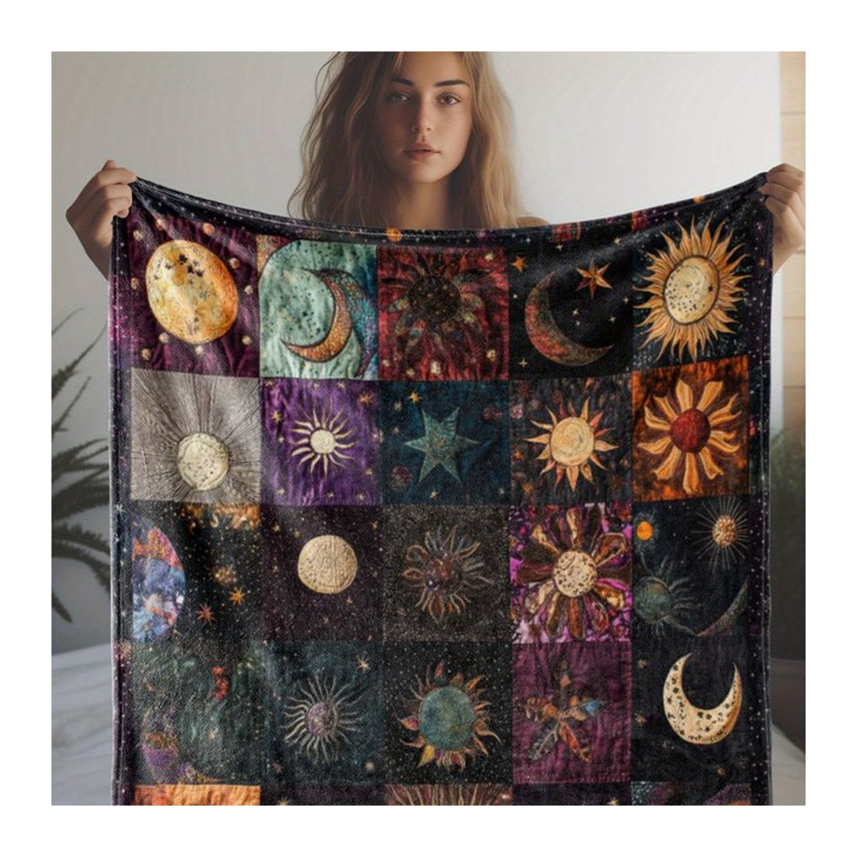 VIKAMA Boho Patchwork Decke mit Sonne Mond und Sternen in Mehrfarbig - Bild 1