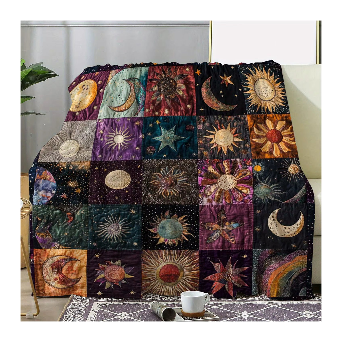 VIKAMA Boho Patchwork Decke mit Sonne Mond und Sternen in Mehrfarbig - Bild 2