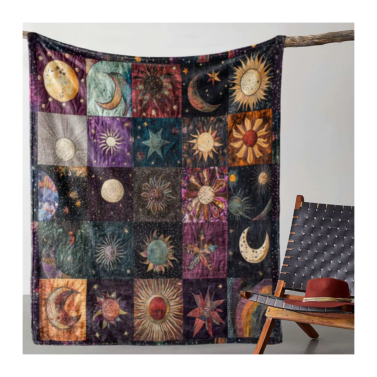 VIKAMA Boho Patchwork Decke mit Sonne Mond und Sternen in Mehrfarbig - Bild 3