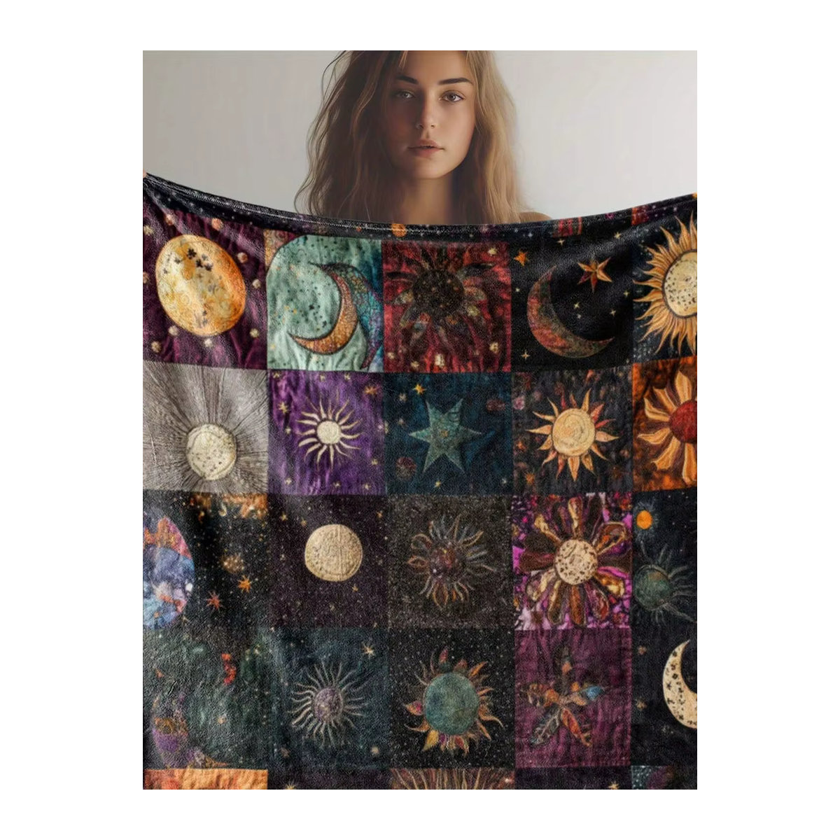 VIKAMA Boho Patchwork Decke mit Sonne Mond und Sternen in Mehrfarbig - Bild 4