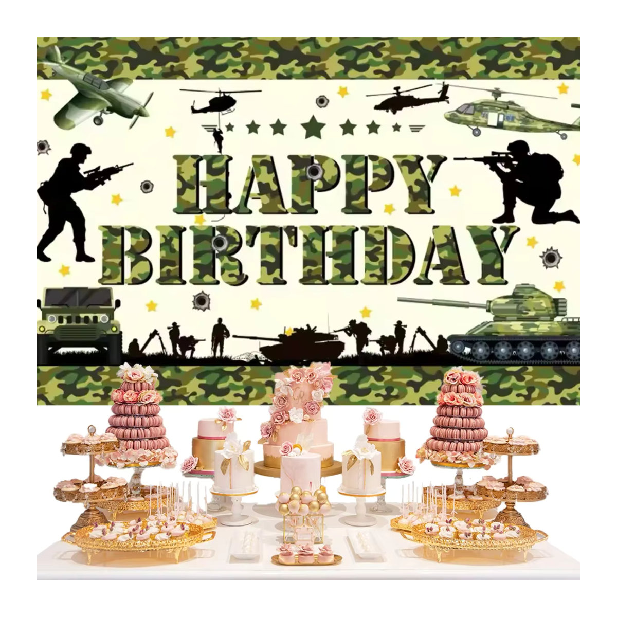 VIKAMA Camouflage Party-Banner mit Soldaten, Flugzeugen und Tanks für Geburtstag oder Baby Shower, mehrfarbig, B: 150 cm, H: 100 cm - Bild 3