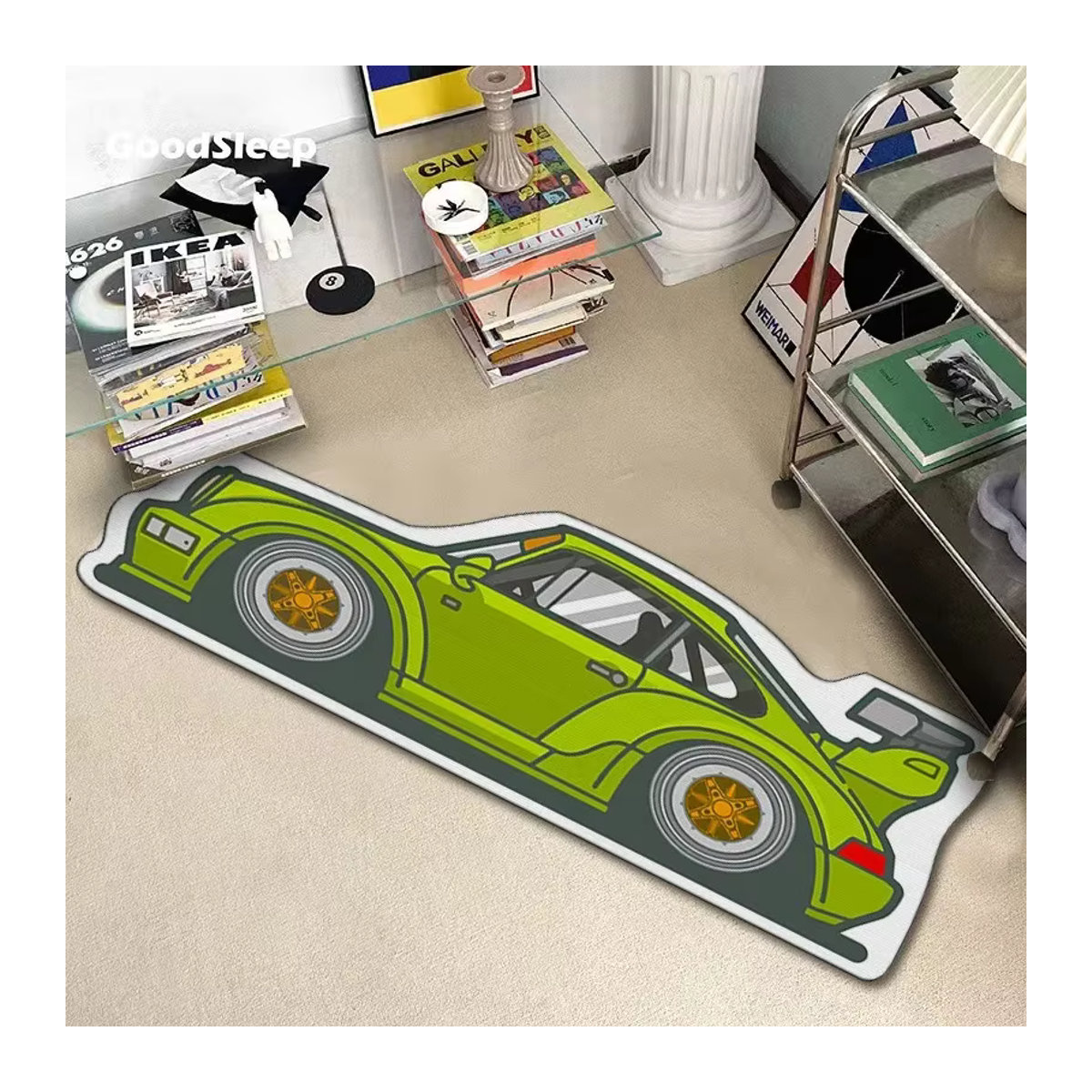 VIKAMA Cartoon-Rennwagen-Teppich in Grün, waschbare Spielmatte für Wohnzimmer und Schlafzimmer - Bild 1