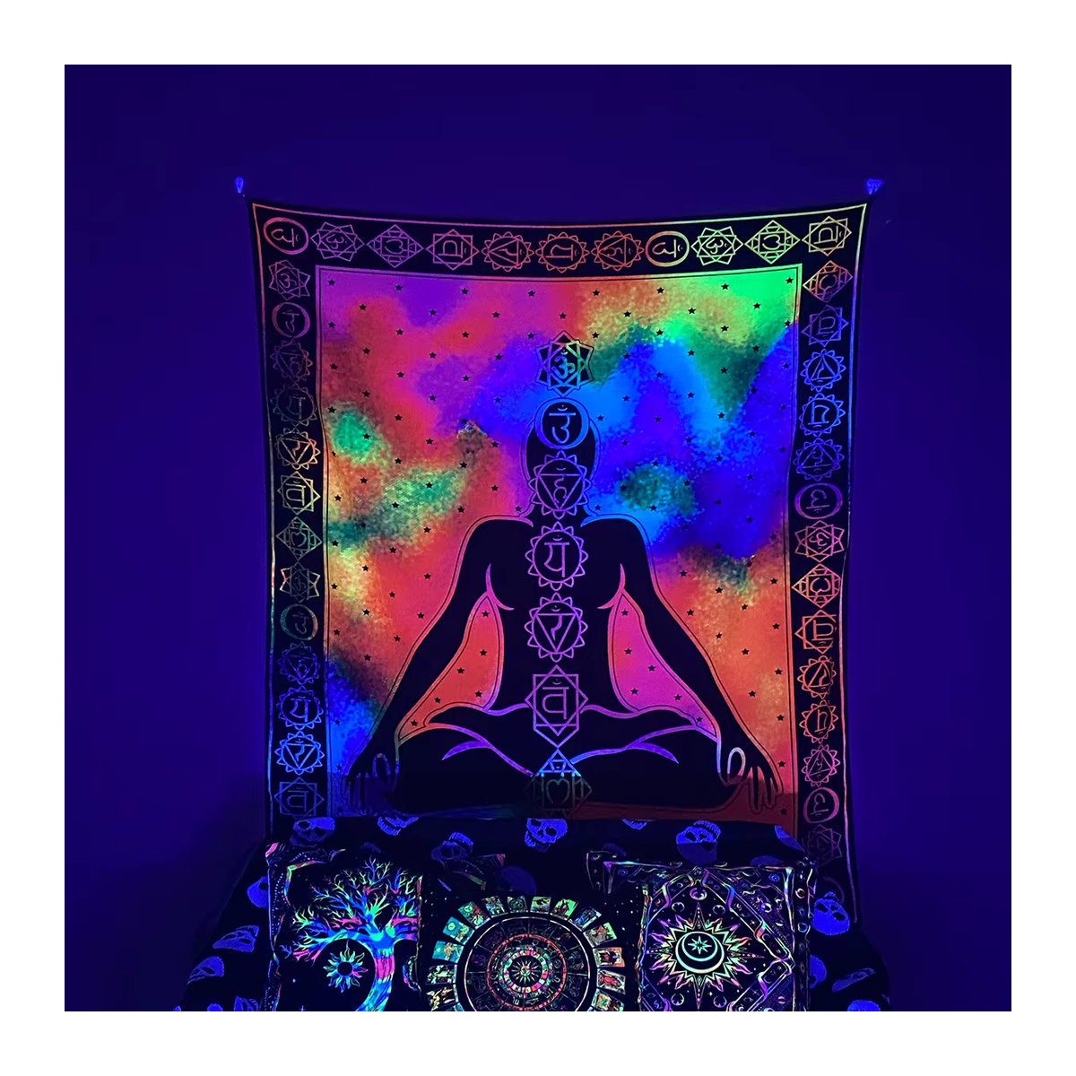 VIKAMA Chakra-Energie-Wandteppich mit fluoreszierenden Sternen in Mehrfarbig, Rechteckig, B/H: 60 x 90 cm - Bild 1