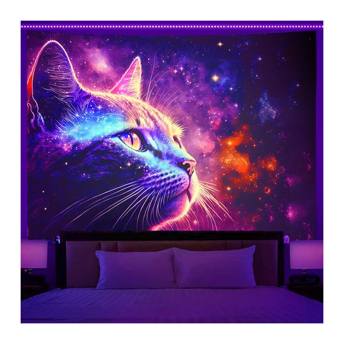 VIKAMA Cosmic Starry Sky Cat Wandbild Wandbehang mit Sternenlicht und Neon Cyberpunk Design, mehrfarbig, B/H: 90 x 60 cm - Bild 1