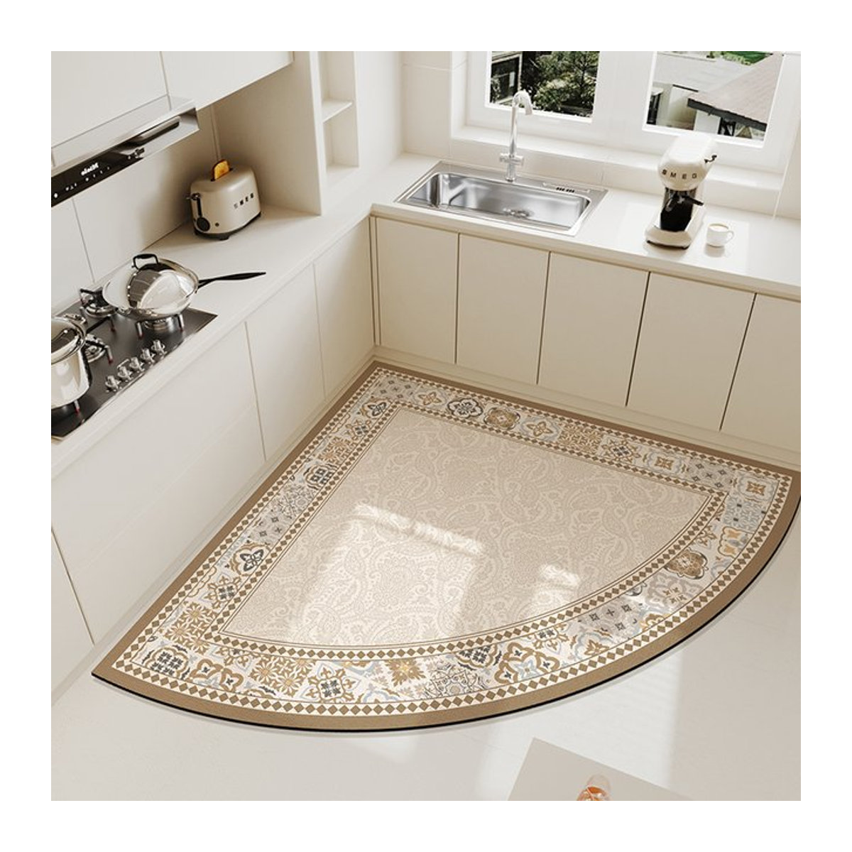 VIKAMA Creme-Fächerteppich für die Küche, herzförmige Bodenmatte in Beige, waschbar und rutschfest - Bild 1