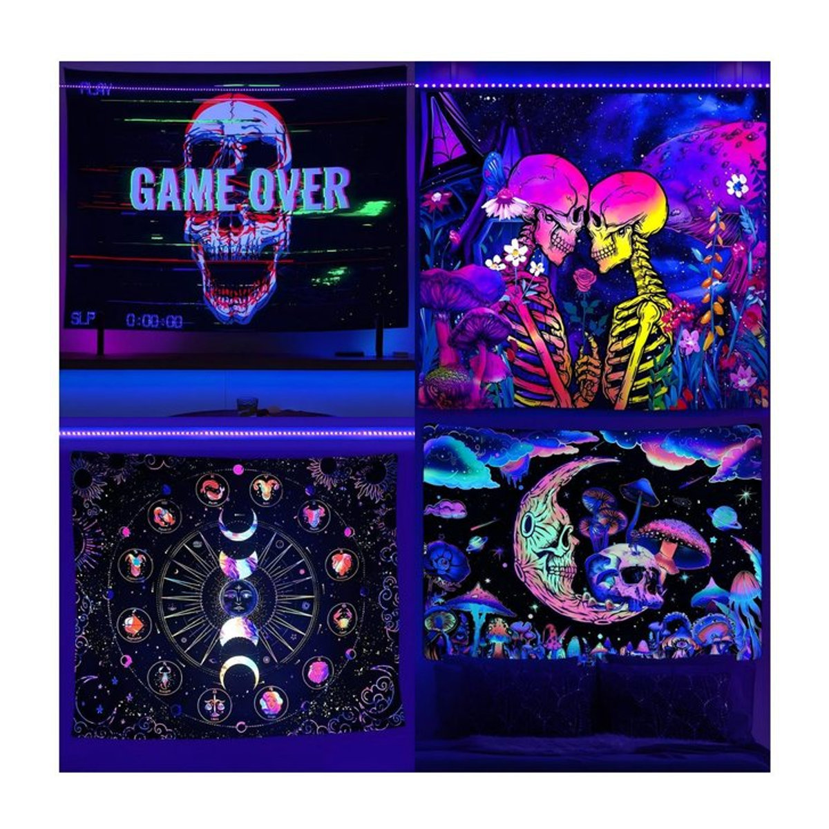 VIKAMA Cyber Neon Wandteppich mit Totenköpfen in Mehrfarbig, Rechteckig, B/H: 90 x 60 cm - Bild 1