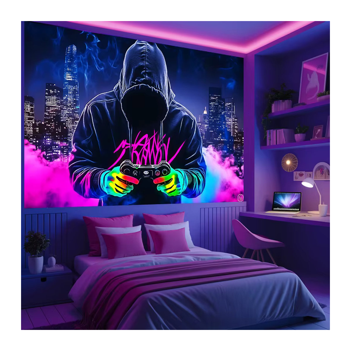 VIKAMA Cyberpunk Neon Gamer Wandteppich, mehrfarbig, B/H: 60 x 40 cm - Bild 4
