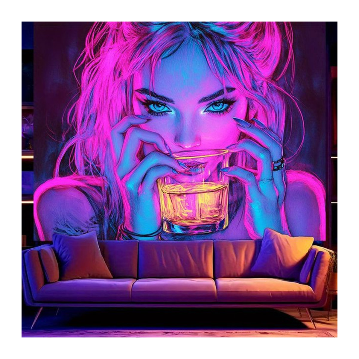 VIKAMA Cyberpunk Neon Girl Wandteppich in Rosa und Blau, rechteckiger Textil-Wandbehang für deine Dekoration - Bild 1
