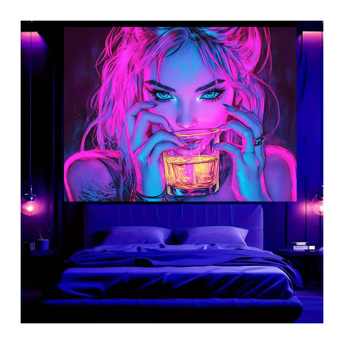 VIKAMA Cyberpunk Neon Girl Wandteppich in Rosa und Blau, rechteckiger Textil-Wandbehang für deine Dekoration - Bild 2