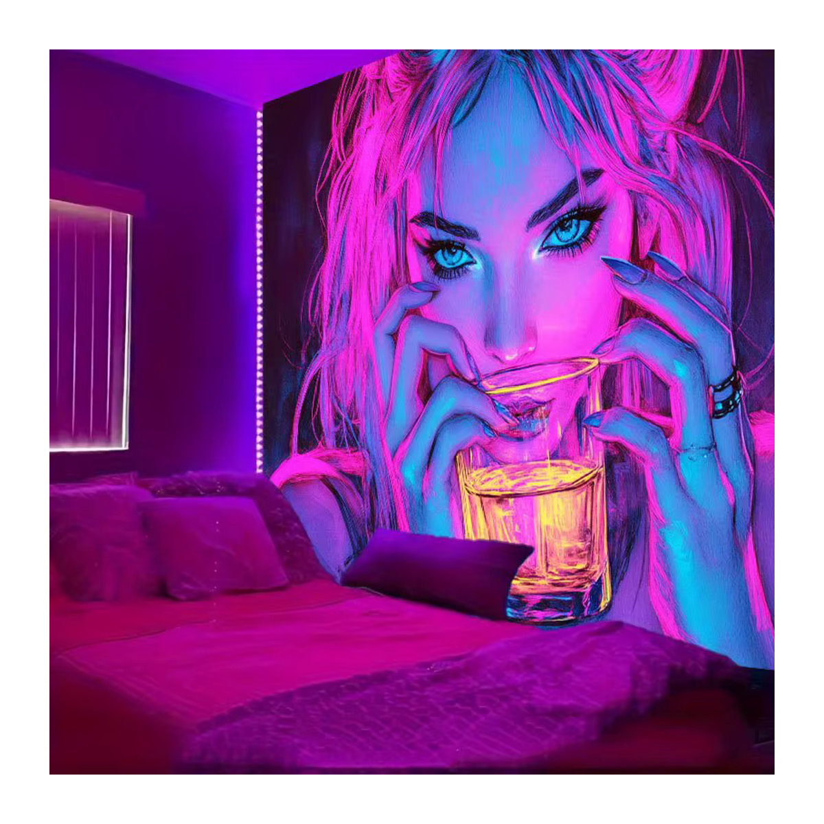 VIKAMA Cyberpunk Neon Girl Wandteppich in Rosa und Blau, rechteckiger Textil-Wandbehang für deine Dekoration - Bild 3