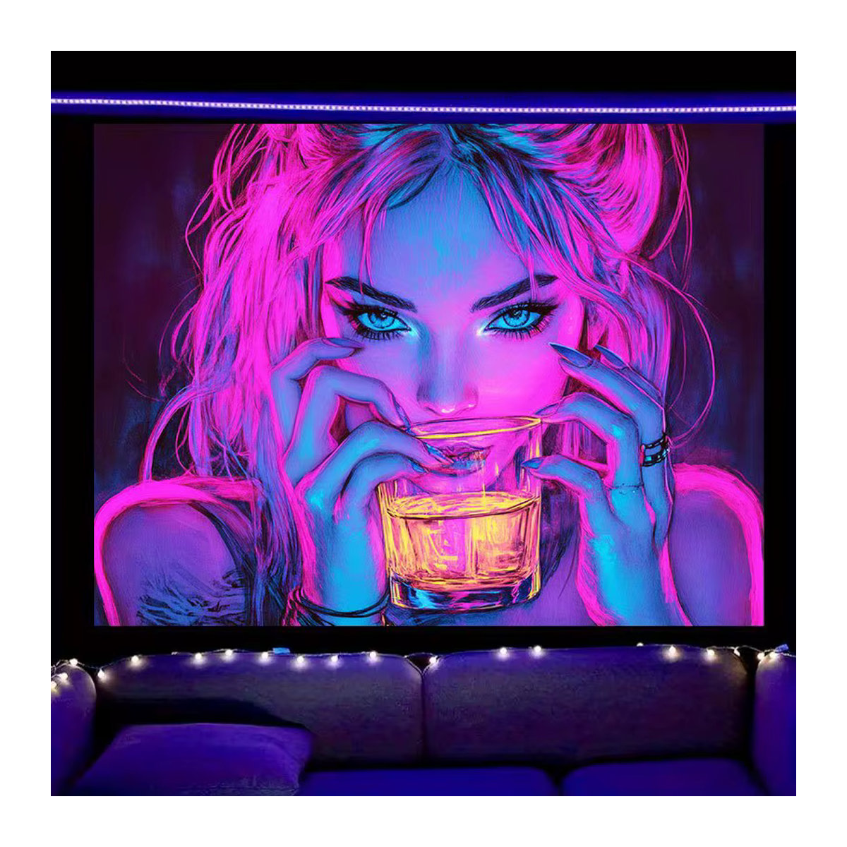 VIKAMA Cyberpunk Neon Girl Wandteppich in Rosa und Blau, rechteckiger Textil-Wandbehang für deine Dekoration - Bild 4