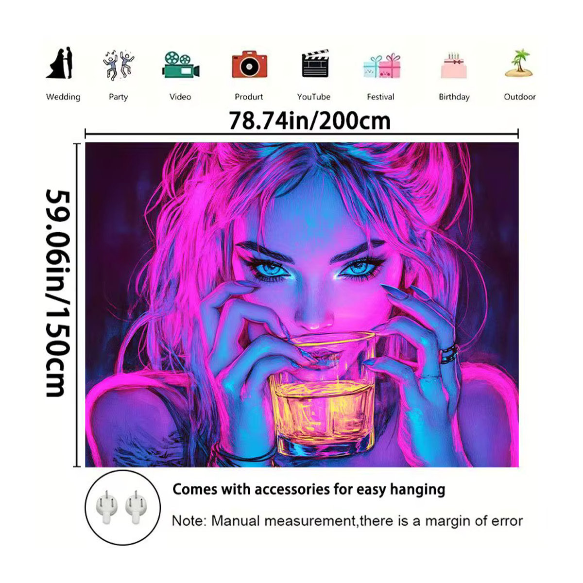 VIKAMA Cyberpunk Neon Girl Wandteppich in Rosa und Blau, rechteckiger Textil-Wandbehang für deine Dekoration - Bild 6