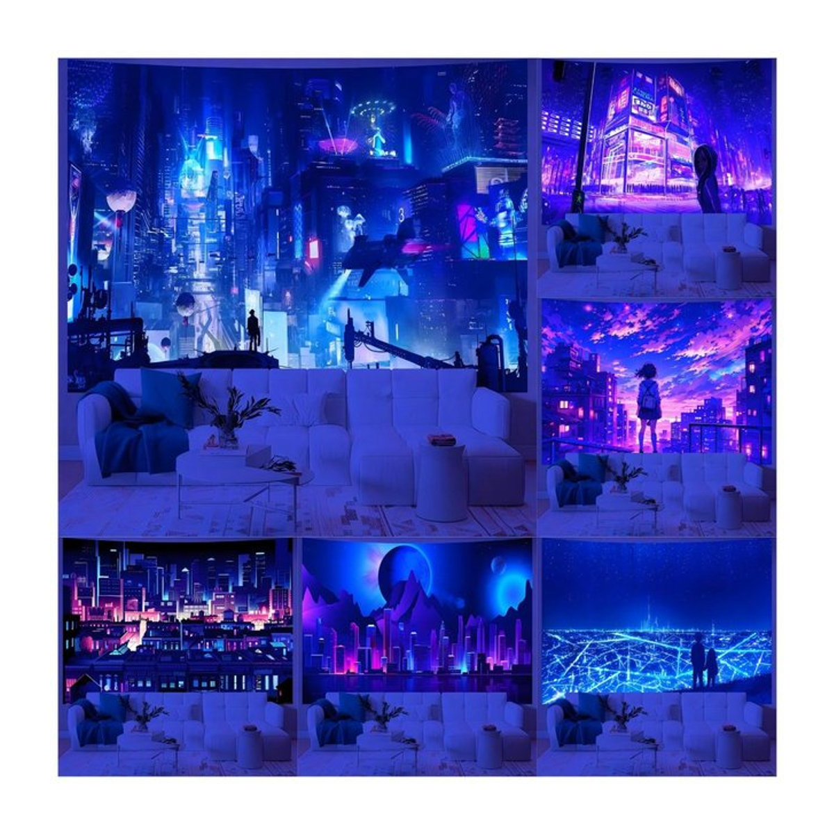 VIKAMA Cyberpunk Neon Wandteppich mit futuristischer Stadtansicht in Blau, B/H: 60 x 90 cm - Bild 1