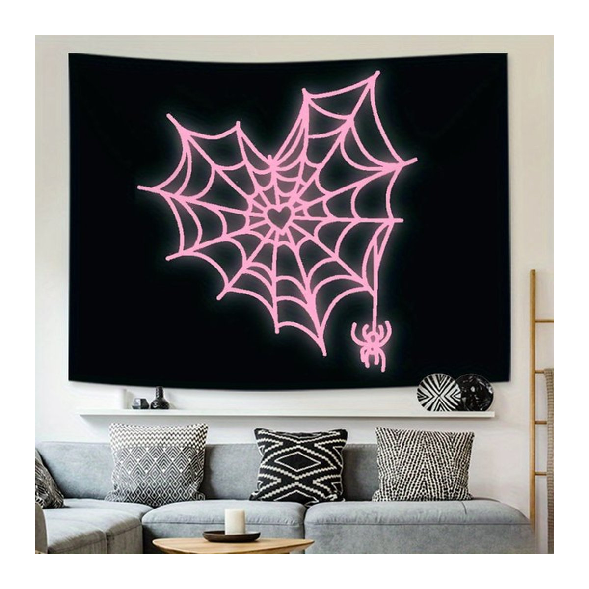 VIKAMA Dark Night Sweetheart Wandteppich in Rosa und Schwarz mit Spinnennetz und Herz-Motiv für dein Wohnzimmer oder Schlafzimmer im Gothic-Stil - Bild 1
