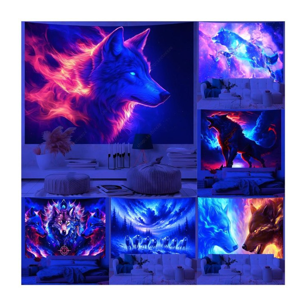 VIKAMA Dark Wolves Wandteppich mit blau-violetten Flammen und Lichteffekten, Textil, B/H: 90 x 60 cm - Bild 1