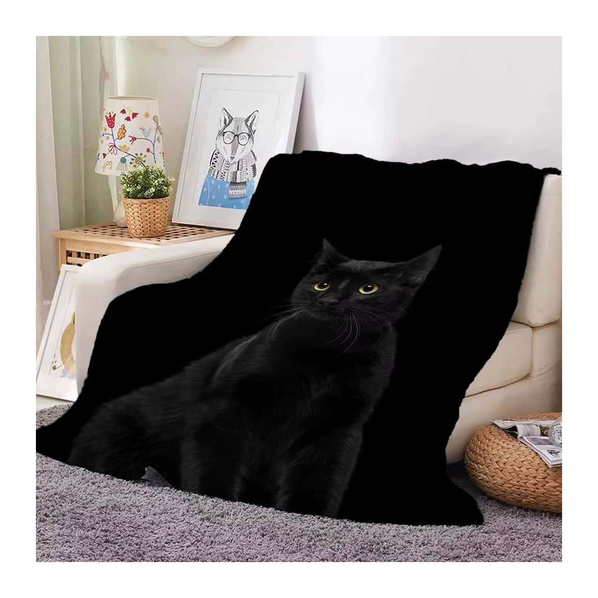VIKAMA Decke mit schwarzem Katzen-Kunstmuster in Schwarz, weich und warm für jede Jahreszeit - Bild 2