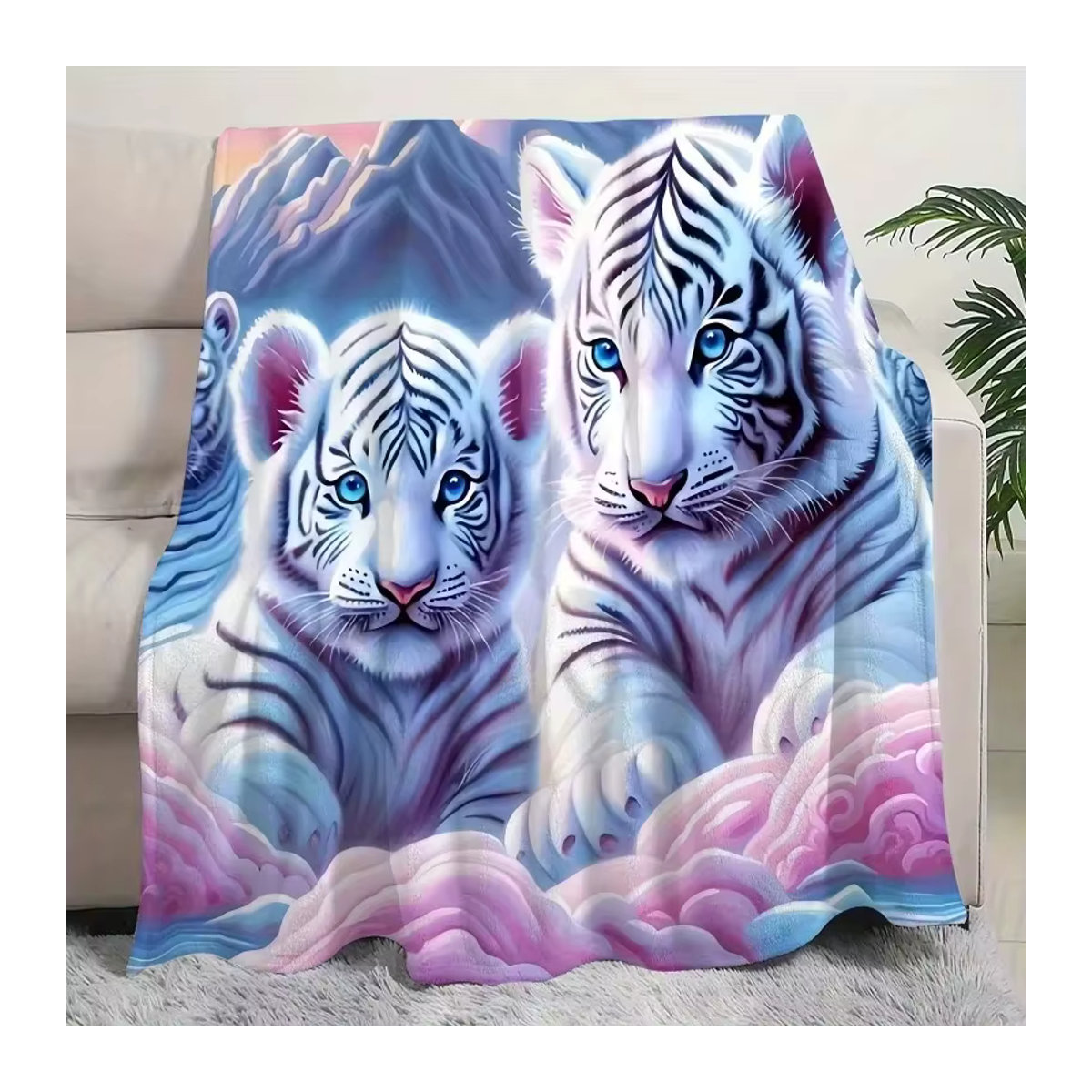 VIKAMA Dream White Tiger Art Decke in Weiß und Mehrfarbig, weiche Fleece Decke für Wohnzimmer und Schlafzimmer - Bild 1