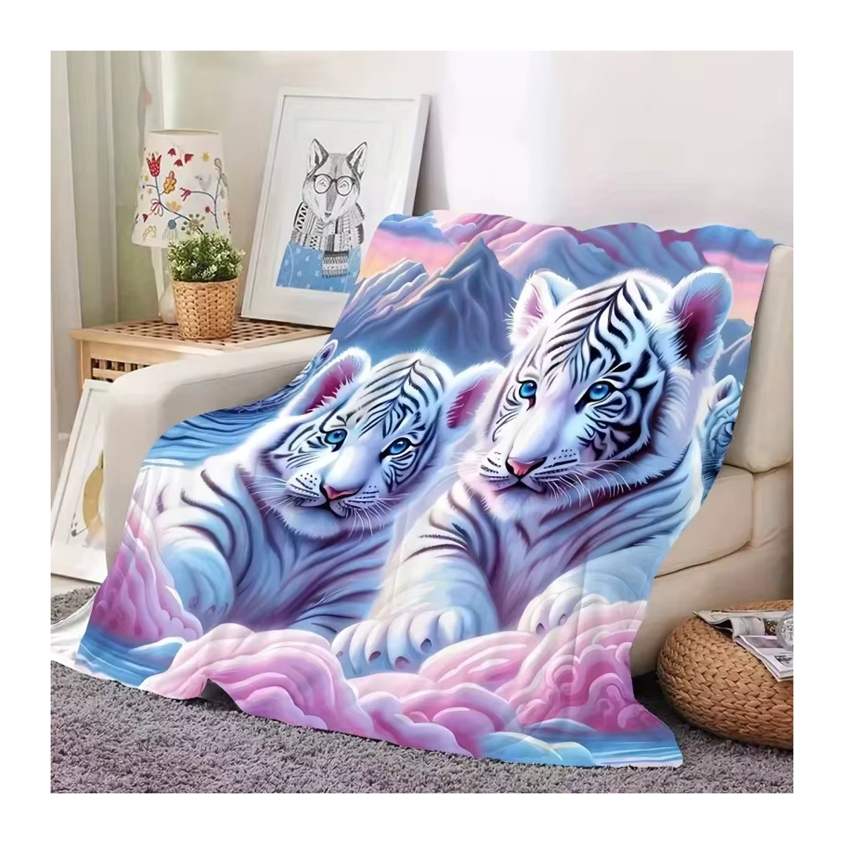VIKAMA Dream White Tiger Art Decke in Weiß und Mehrfarbig, weiche Fleece Decke für Wohnzimmer und Schlafzimmer - Bild 2