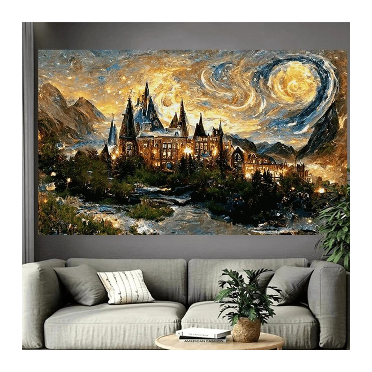 VIKAMA Fantasy Castle Wandteppich im Aquarell-Stil, Sternennacht Wanddekoration in Weiß und Mehrfarbig, Bohemian-Stil Wandbehang für Wohnzimmer und Schlafzimmer - Bild 1