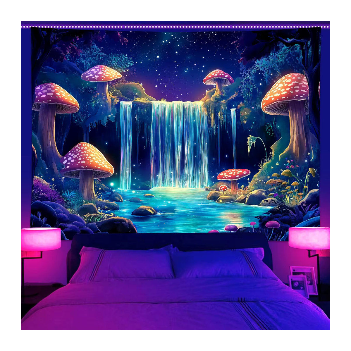 VIKAMA Fantasy Forest Wandteppich mit Wasserfall, Pilzen und Sternen, mehrfarbig, B: 90 cm, H: 60 cm - Bild 1