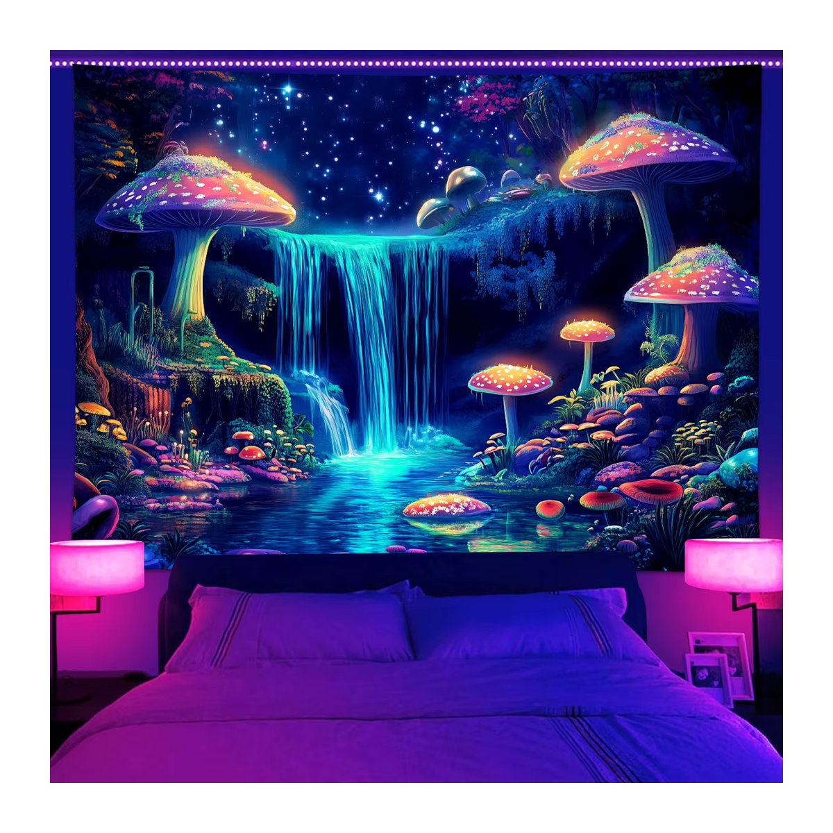 VIKAMA Fantasy Forest Wandteppich mit Wasserfall, Pilzen und Sternen, mehrfarbig, B: 90 cm, H: 60 cm - Bild 2