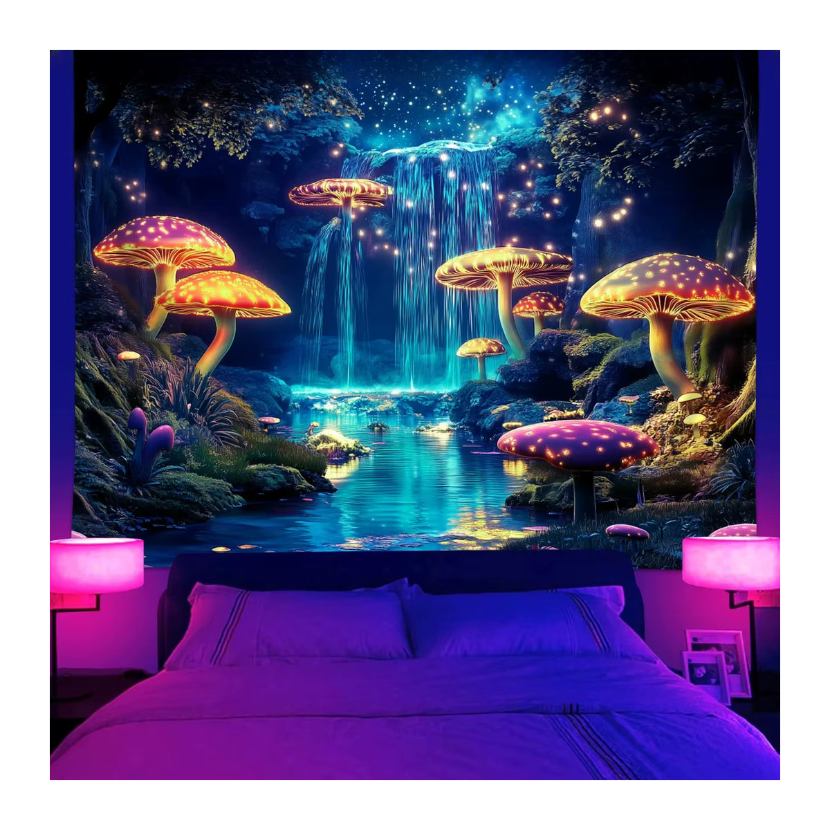 VIKAMA Fantasy Forest Wandteppich mit Wasserfall, Pilzen und Sternen, mehrfarbig, B: 90 cm, H: 60 cm - Bild 3