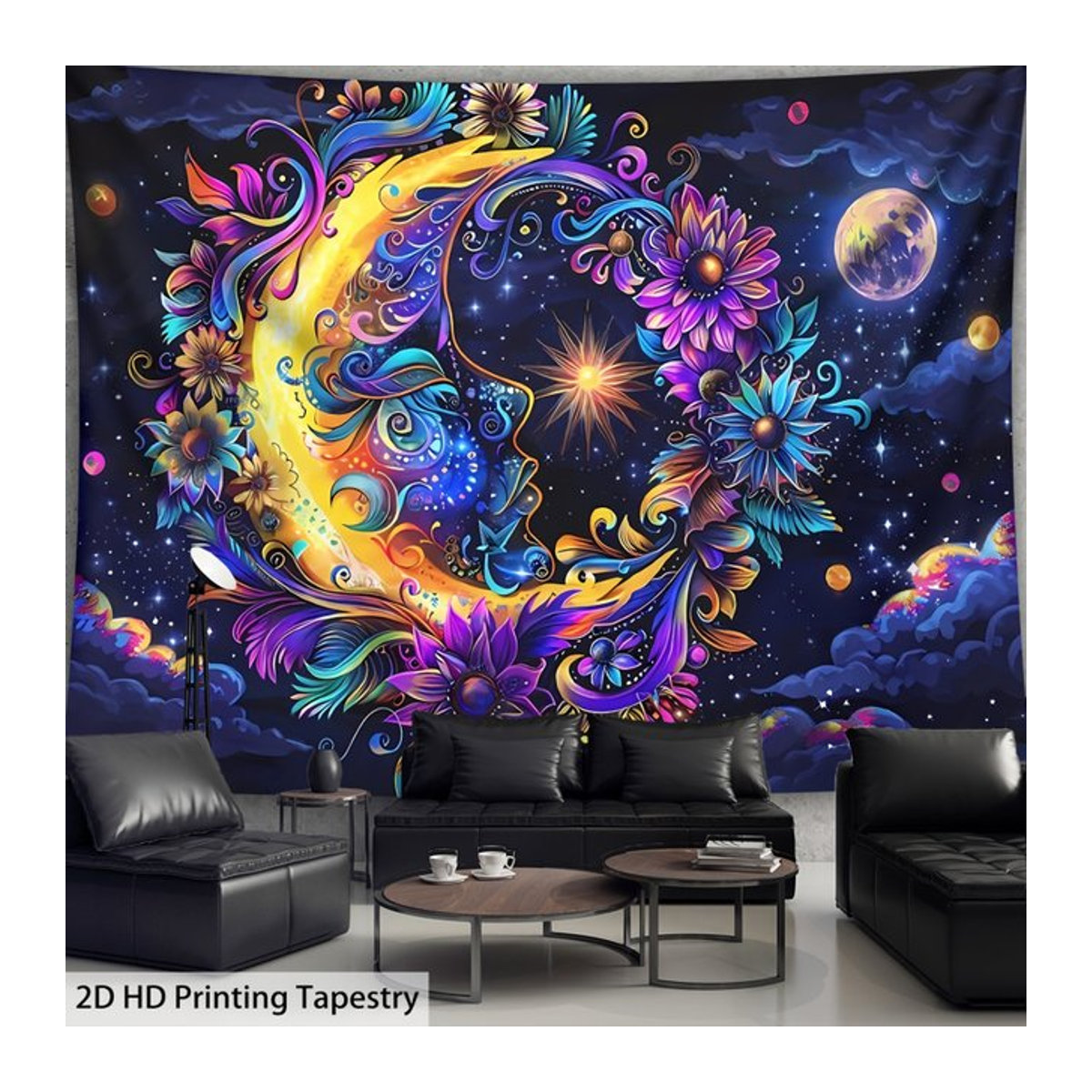 VIKAMA Fantasy Moon Face Floral Tapestry Boho Wandbehang in Mehrfarbig, B/H: 60 x 40 cm - Bild 1