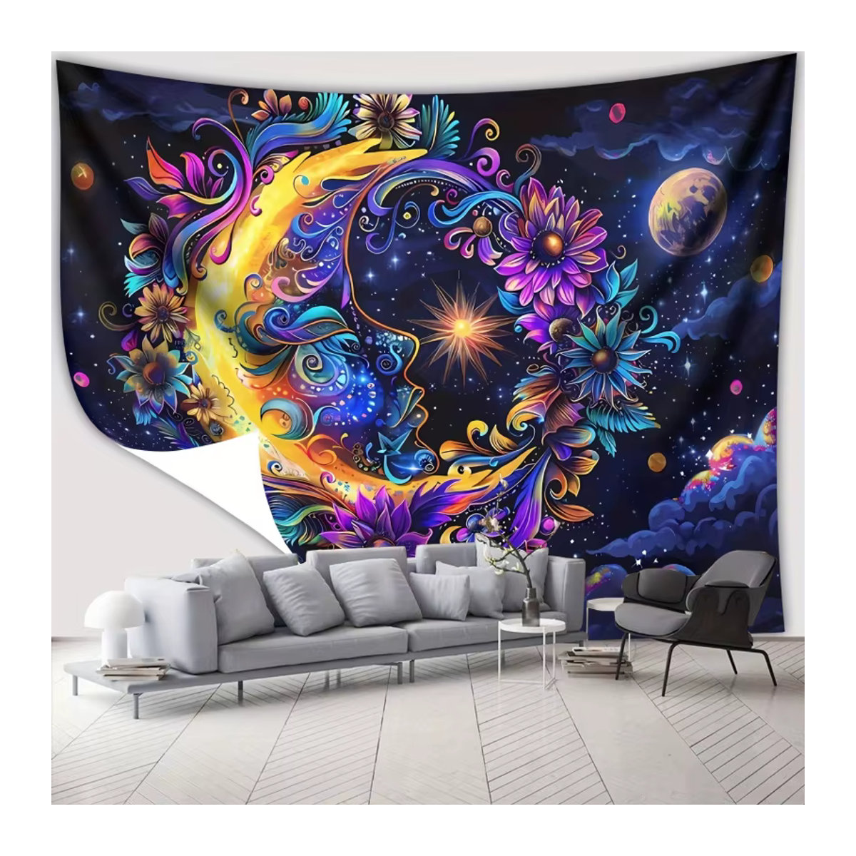VIKAMA Fantasy Moon Face Floral Tapestry Boho Wandbehang in Mehrfarbig, B/H: 60 x 40 cm - Bild 2