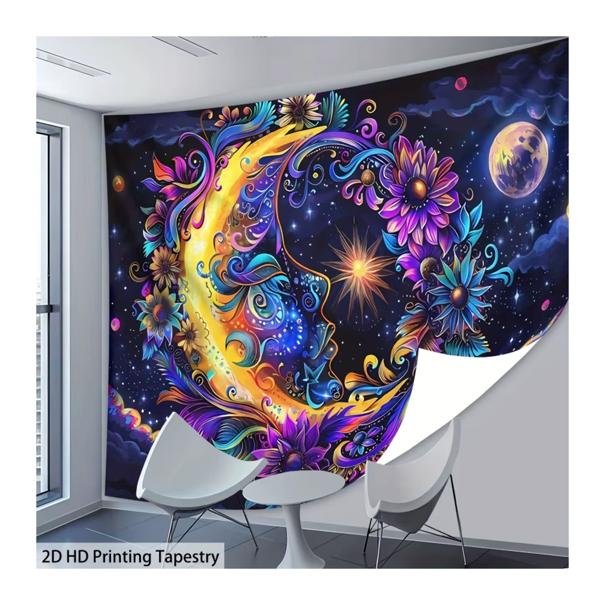 VIKAMA Fantasy Moon Face Floral Tapestry Boho Wandbehang in Mehrfarbig, B/H: 60 x 40 cm - Bild 3