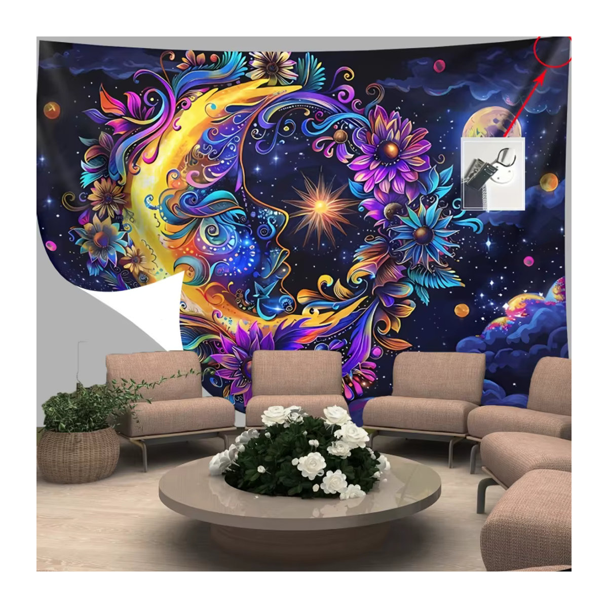 VIKAMA Fantasy Moon Face Floral Tapestry Boho Wandbehang in Mehrfarbig, B/H: 60 x 40 cm - Bild 4