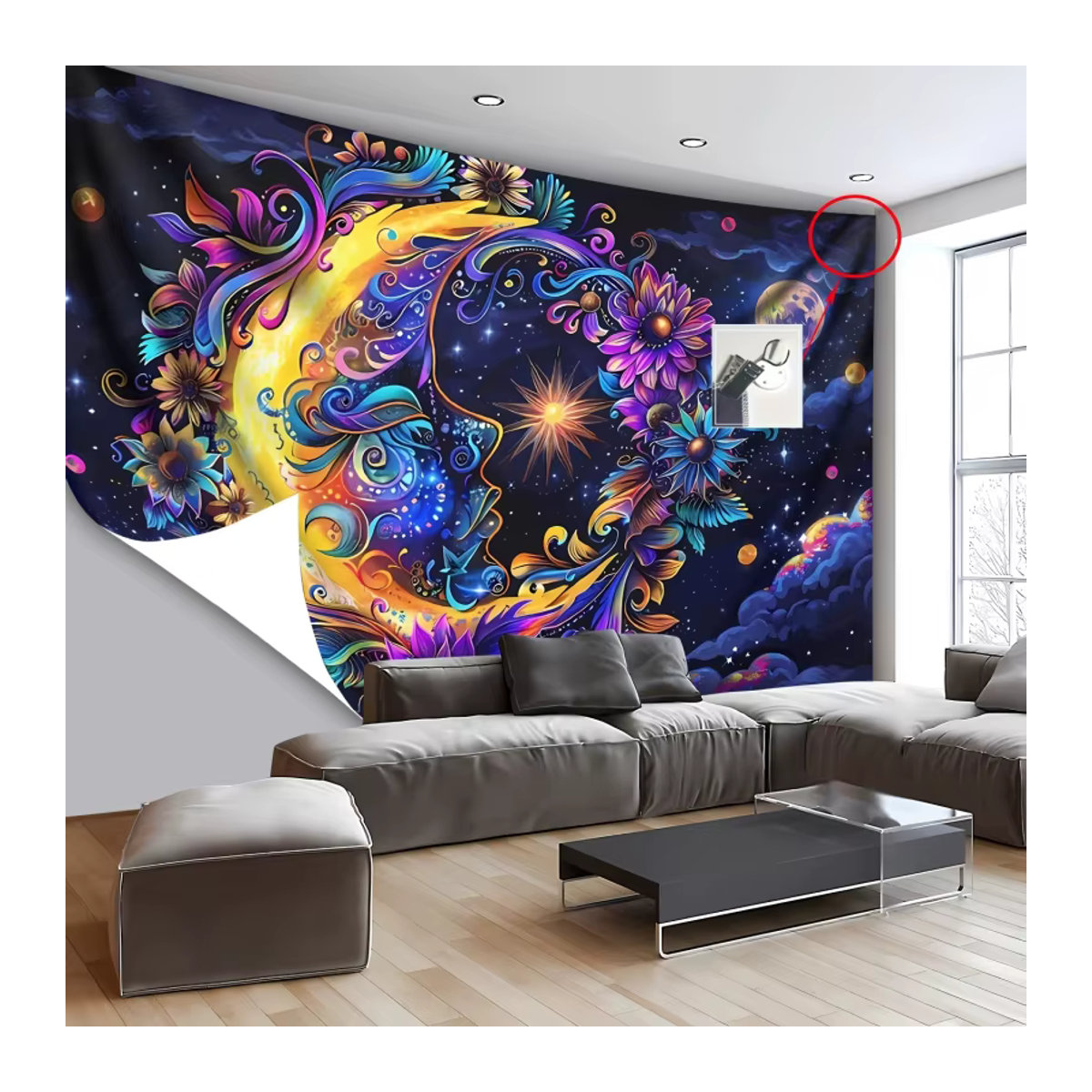 VIKAMA Fantasy Moon Face Floral Tapestry Boho Wandbehang in Mehrfarbig, B/H: 60 x 40 cm - Bild 5