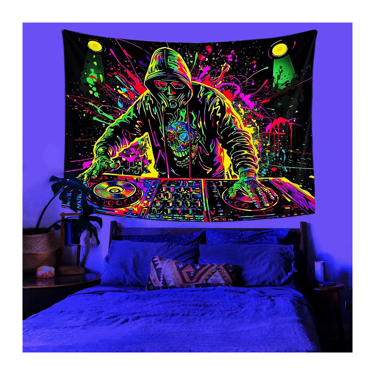 VIKAMA Fluoreszierender DJ-Schädel Wandteppich in Mehrfarbig, Rechteckig, B/H: 40 x 60 cm - Bild 2