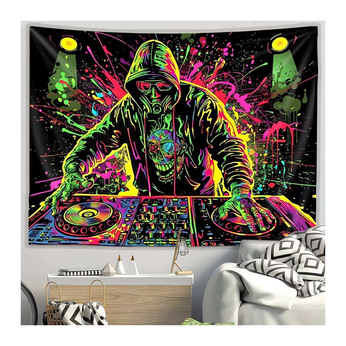 VIKAMA Fluoreszierender DJ-Schädel Wandteppich in Mehrfarbig, Rechteckig, B/H: 40 x 60 cm - Bild 3