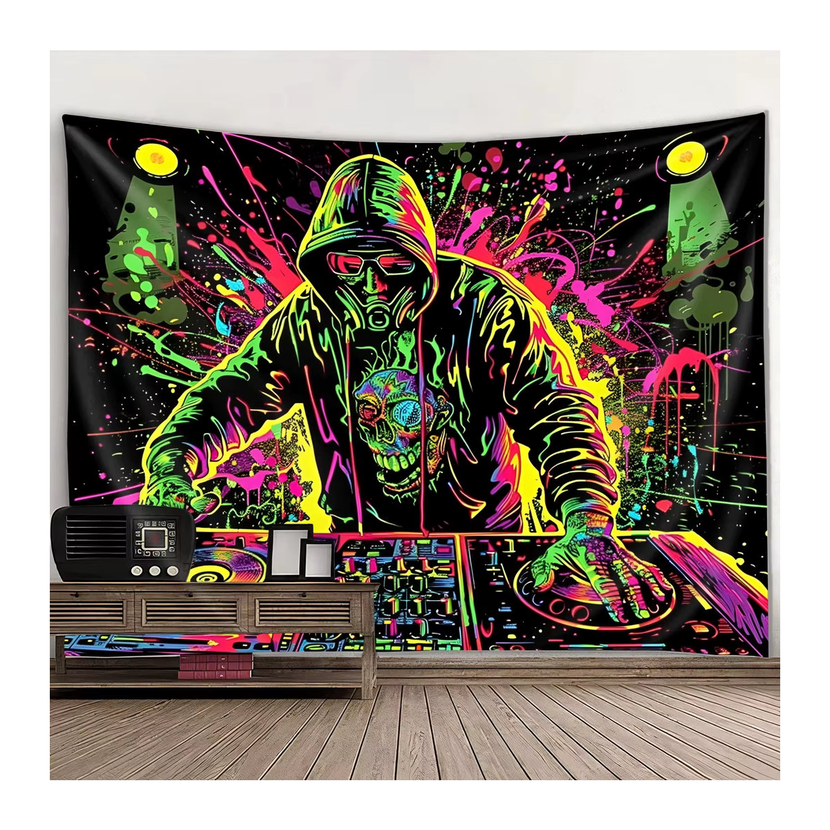 VIKAMA Fluoreszierender DJ-Schädel Wandteppich in Mehrfarbig, Rechteckig, B/H: 40 x 60 cm - Bild 4
