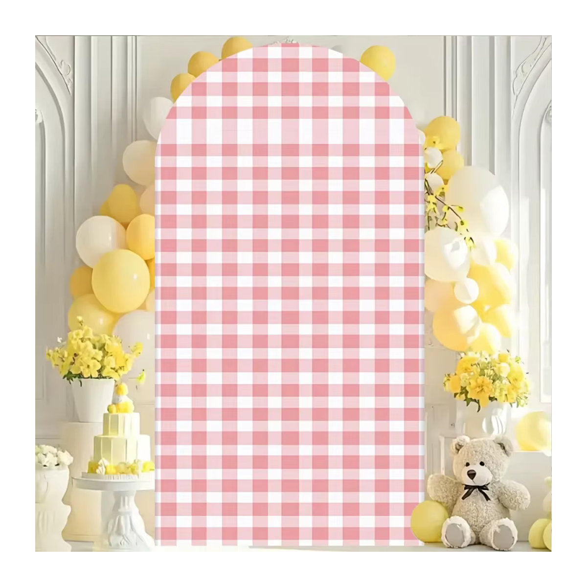 VIKAMA Fotohintergrund Bogen mit rosa-weißem Gingham-Karomuster für Babyparty und Geburtstag, Textil - Bild 2