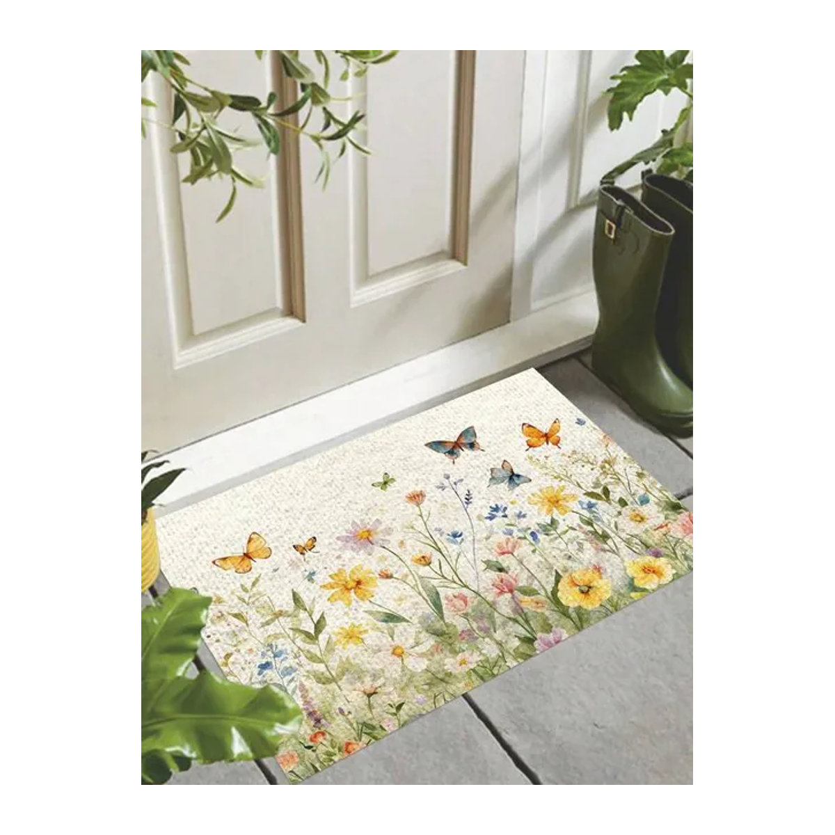 VIKAMA Fußmatte mit Aquarell-Blumen- und Schmetterlingsmotiv in Mehrfarbig, rutschfest und schmutzabweisend - Bild 1