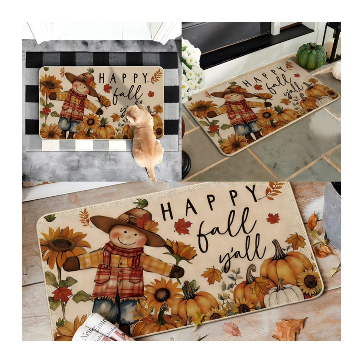 VIKAMA Fußmatte mit Sonnenblumen und Vogelscheuche für Herbst und Halloween, mehrfarbig - Bild 1