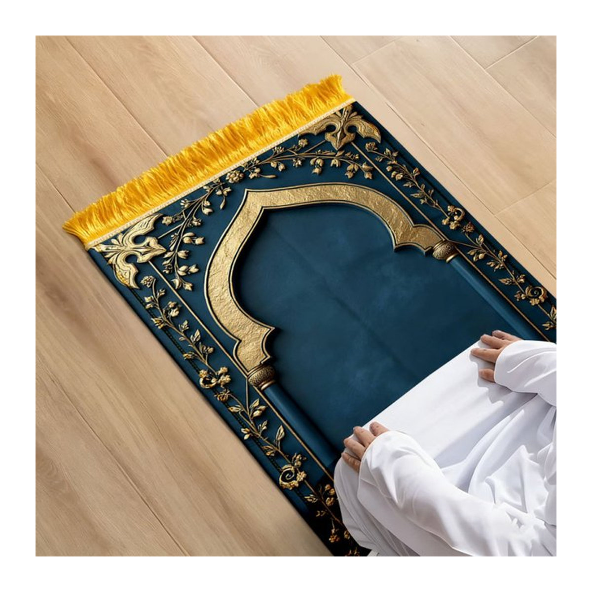 VIKAMA Gebetsteppich Bogen-Design in Türkis und Gold mit gelben Quasten, rutschfeste islamische Gebetsmatte für dein Zuhause - Bild 1