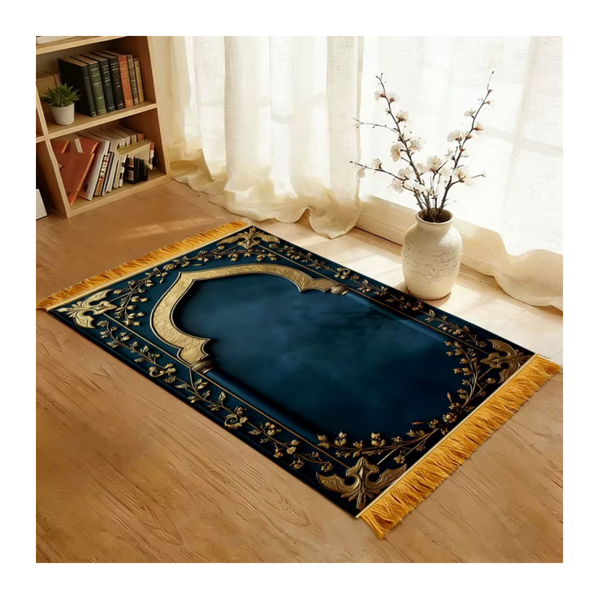 VIKAMA Gebetsteppich Bogen-Design in Türkis und Gold mit gelben Quasten, rutschfeste islamische Gebetsmatte für dein Zuhause - Bild 2